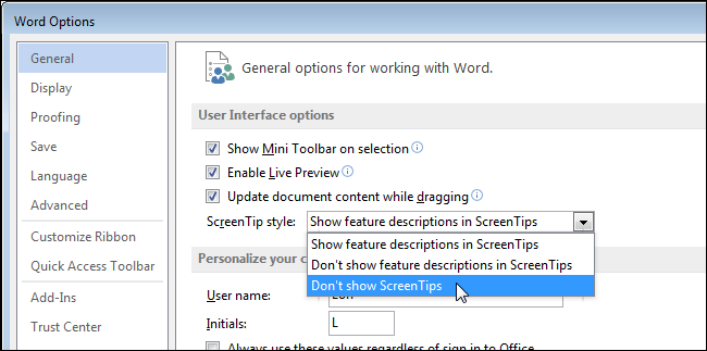 Pokyny na zakázanie tipu obrazovky v programe Word 2013