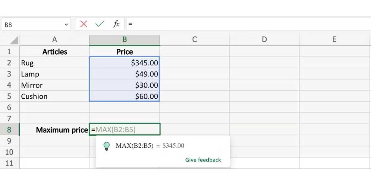 A képletjavaslatok használata a weben található Excelben