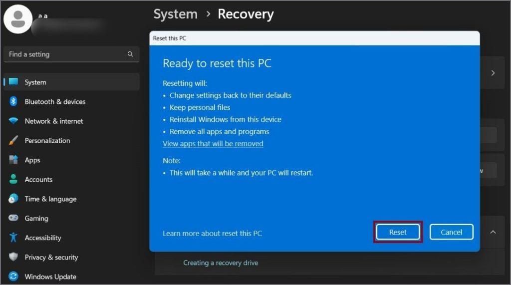 Mi történik a Windows 11 számítógép alaphelyzetbe állításakor?