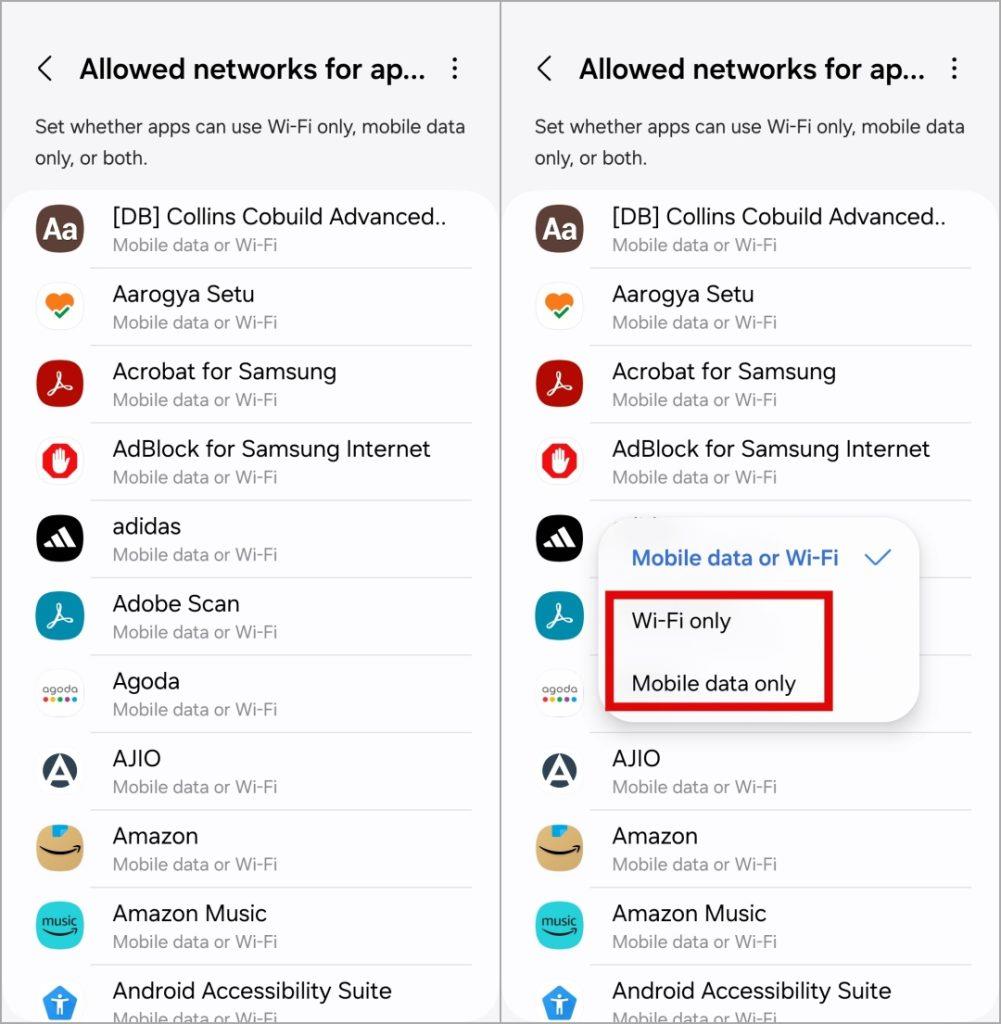 A mobiladat- vagy Wi-Fi-hozzáférés kikapcsolása bizonyos alkalmazásoknál a Samsung Galaxy Phone készüléken